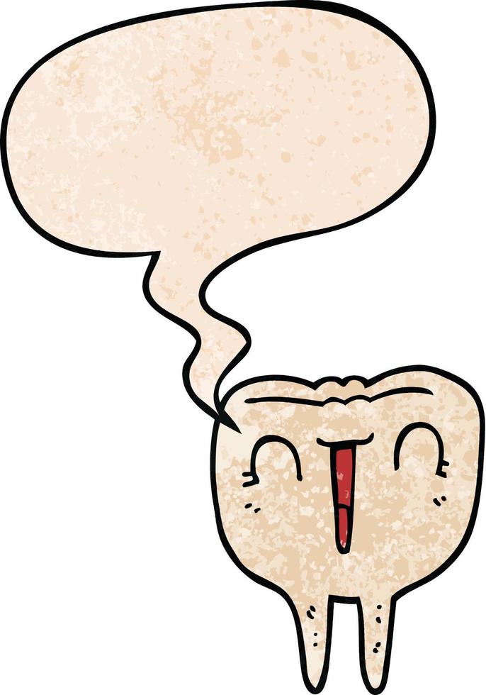 Cartoon glücklich Zahn und Sprechblase im Retro-Textur-Stil vektor
