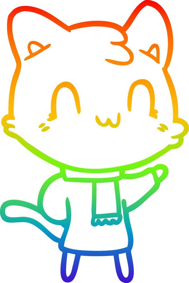 regnbågsgradient linjeteckning tecknad glad katt bär halsduk vektor