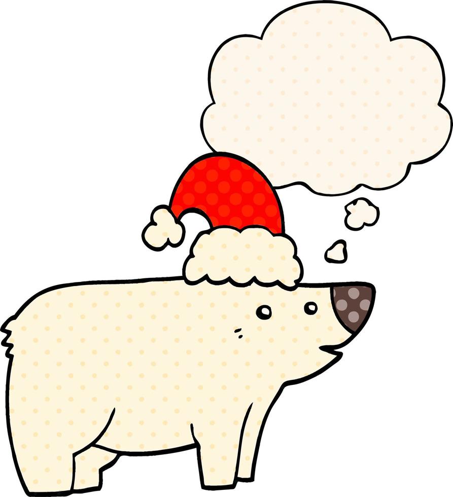 karikaturbär mit weihnachtsmütze und gedankenblase im comic-stil vektor