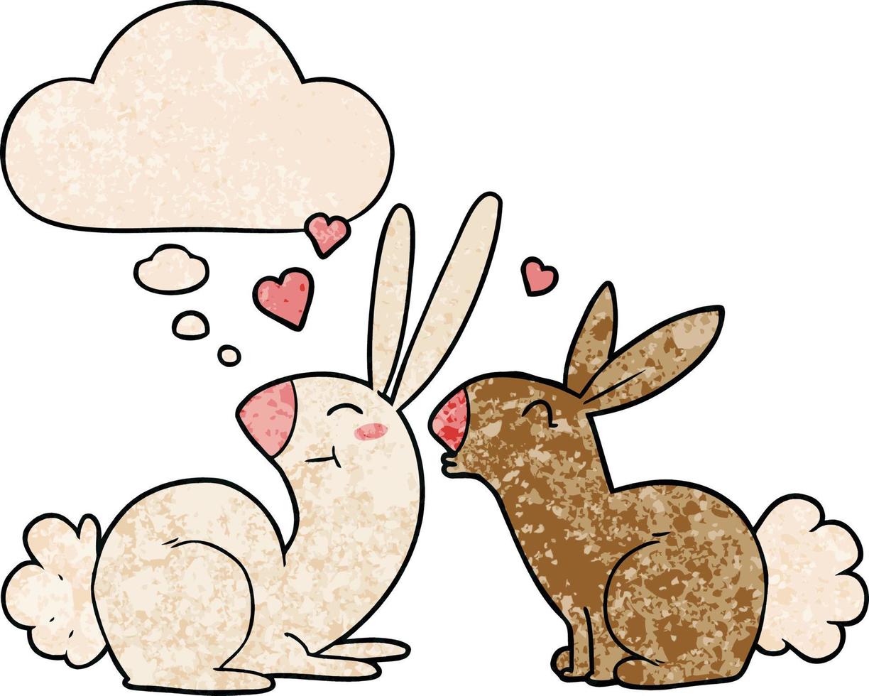 tecknade kaniner i kärlek och tankebubbla i grunge texturmönster stil vektor