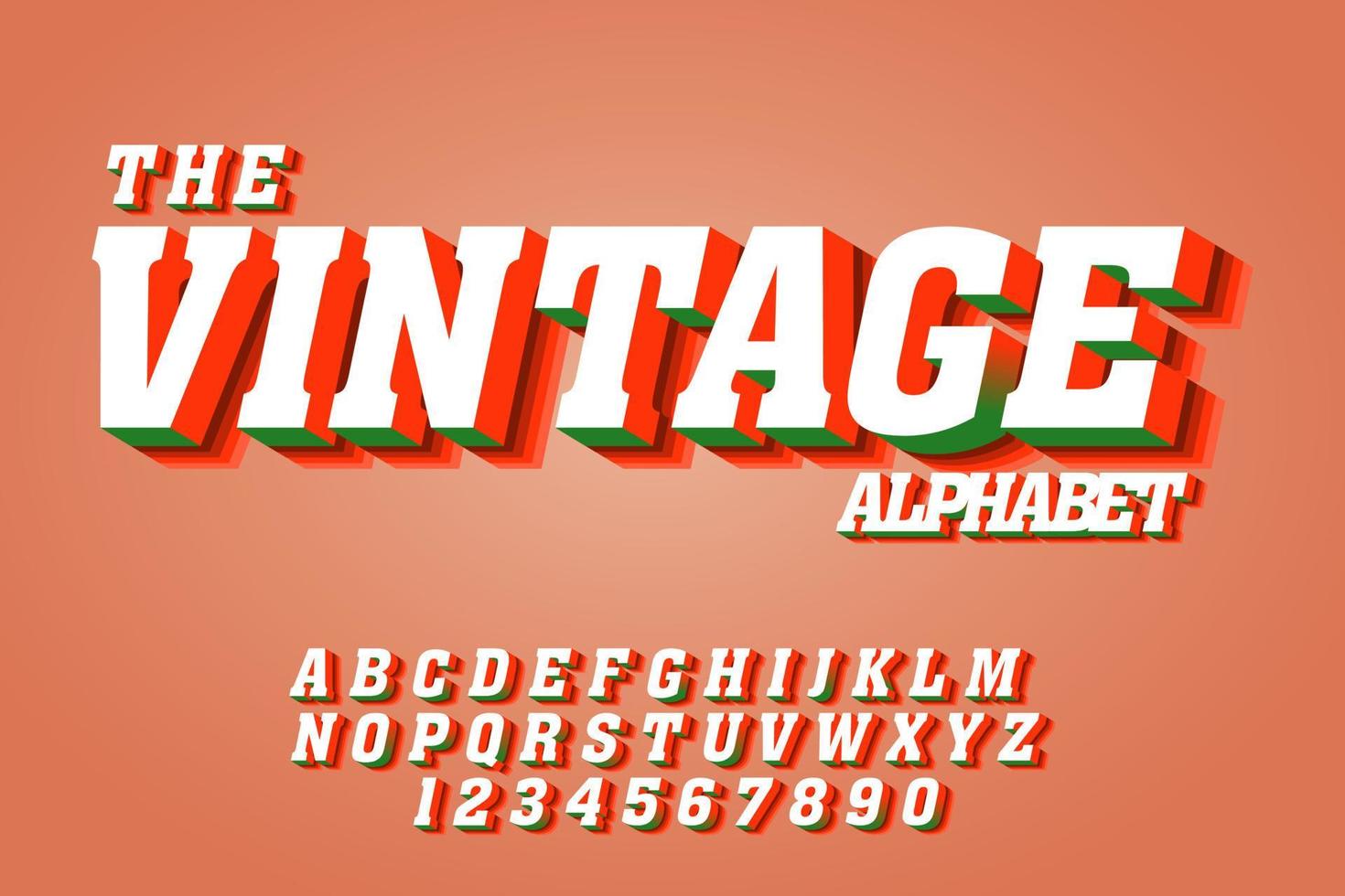 vintage 3d-teckensnitt, bokstäver och siffror. teckensnittseffekter för alfabetsdesigntitlar vektor