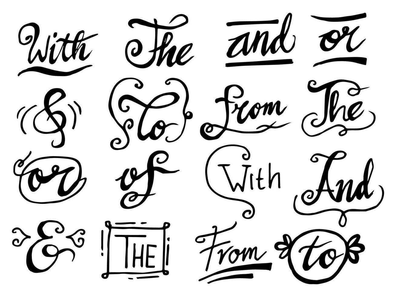 doodle handskrivna ledord och et-tecken vektor set. modern handskriven kalligrafi och bokstäver. vektor illustration