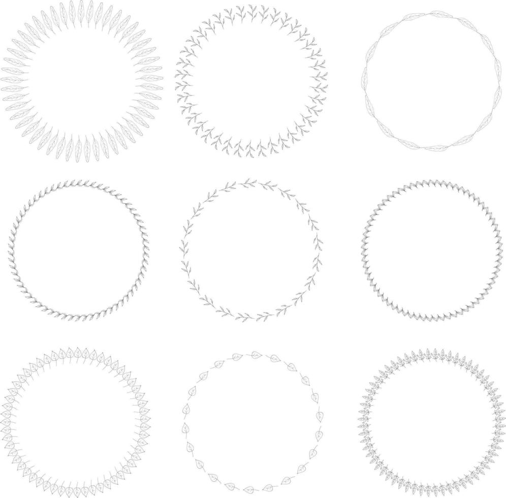 neun runde rahmen mit niedlichen dekorativen zweigen und blättern. isolierte Rahmen auf weißem Hintergrund für Ihr Design. vektor