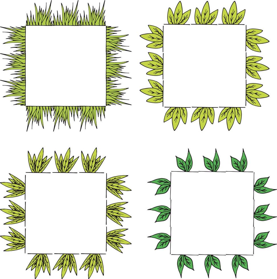 fyra fyrkantiga ramar med grönt gräs och löv. isolerade ramar på vit bakgrund för din design vektor