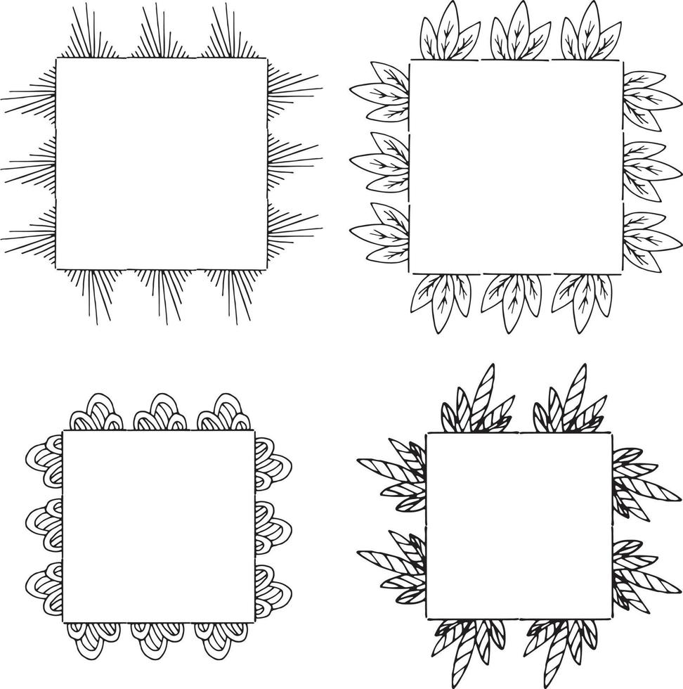 vier quadratische rahmen aus schwarzen und weißen dekorativen elementen. isolierte Rahmen auf weißem Hintergrund für Ihr Design vektor