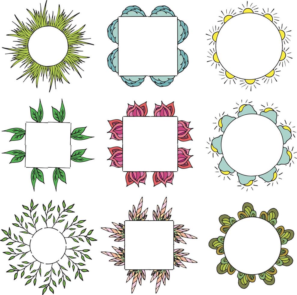 neun runde Rahmen und quadratische Rahmen in verschiedenen Farben. isolierte Rahmen auf weißem Hintergrund für Ihr Design vektor