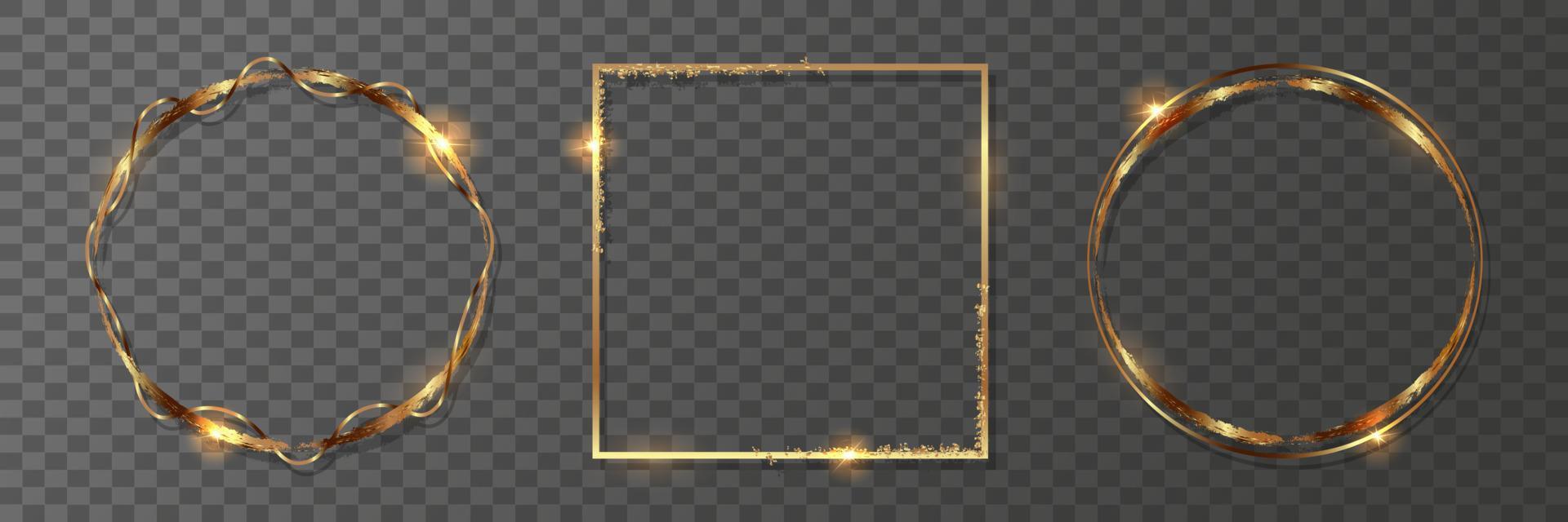 satz goldener geometrischer rahmen. runder und quadratischer goldener rahmen auf einem transparenten hintergrund. vektor