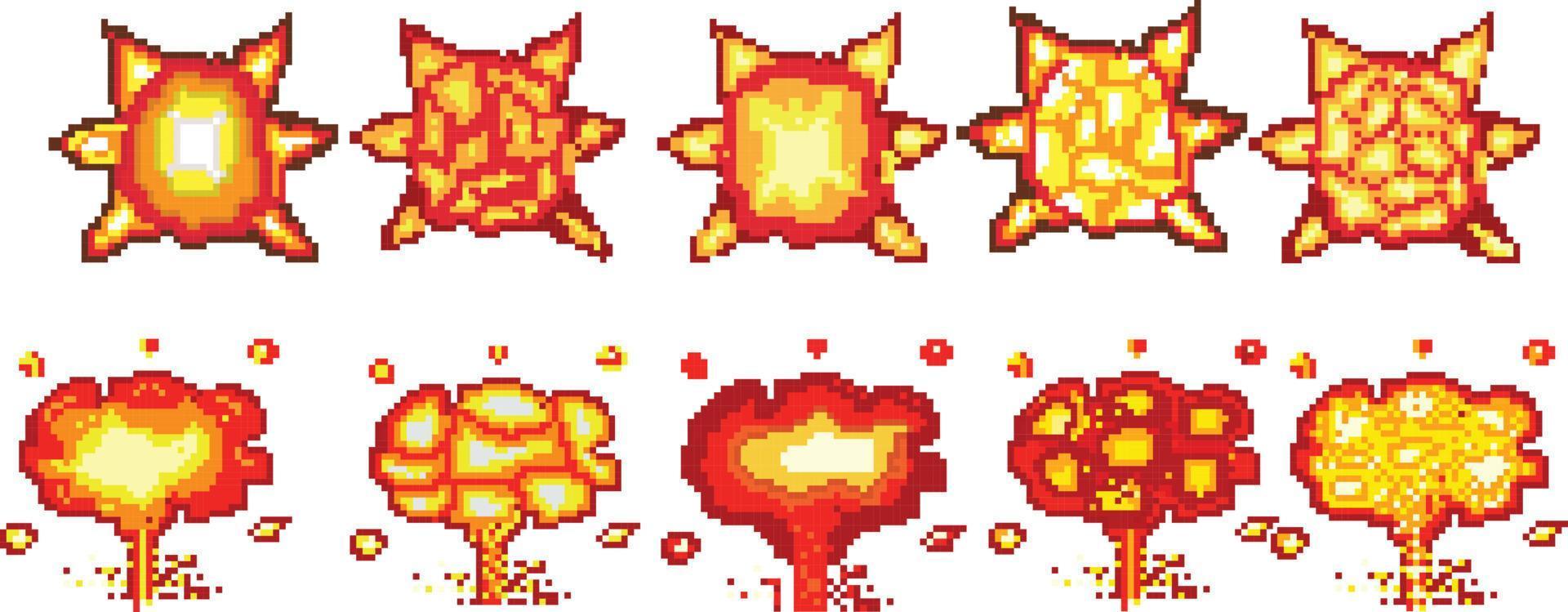 Druckexplosions-Pixelkunst, Videospiel-Explosionsanimation Flamme-Pixelkunst. vektor