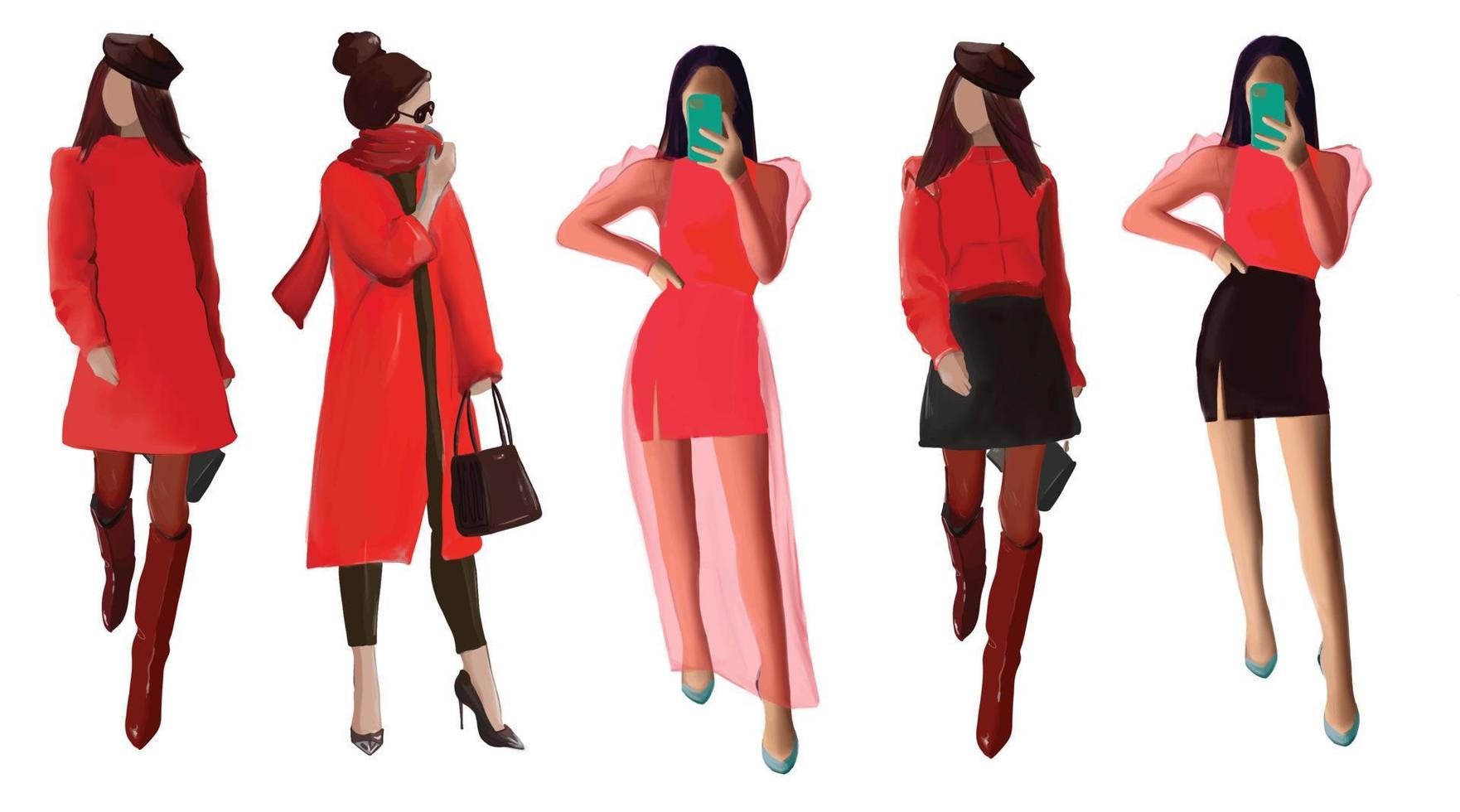 grupp kvinnor i moderiktiga kläder i röd färg, mode flickor, vektorillustration vektor