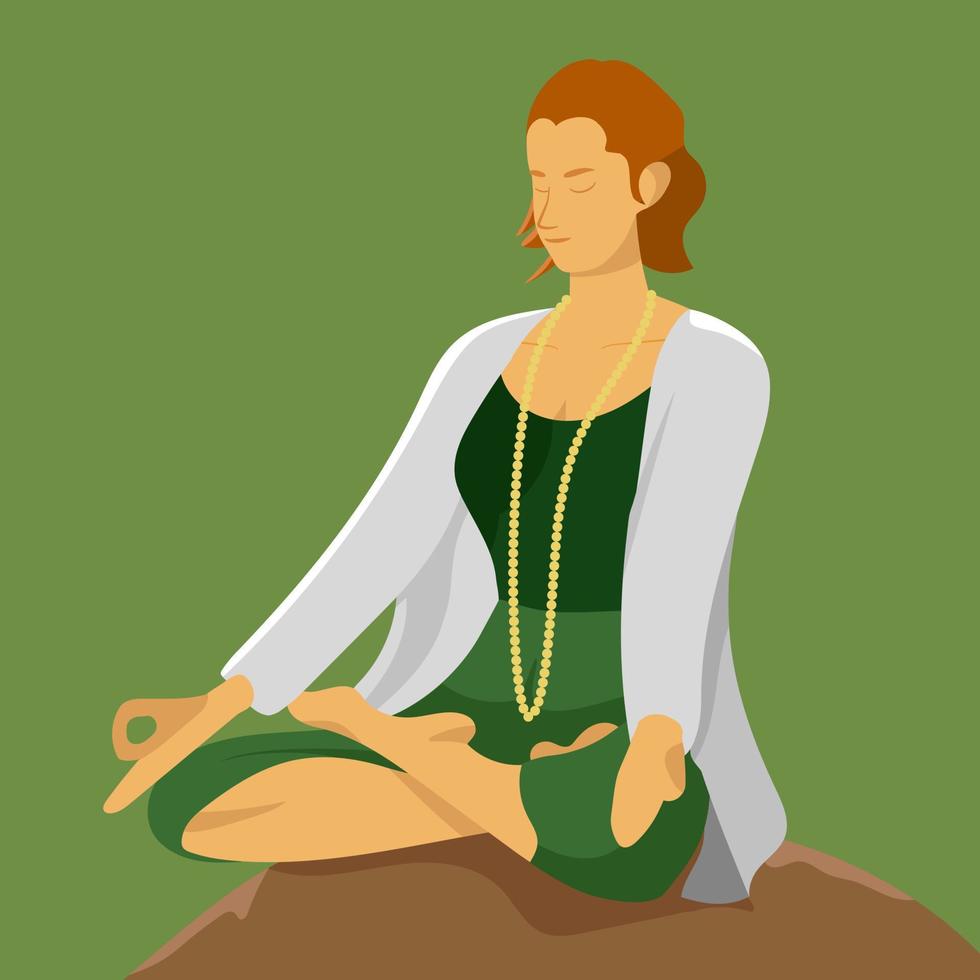 meditierende Frau sitzt auf einem Felsen mit grünem Hintergrund. vektor