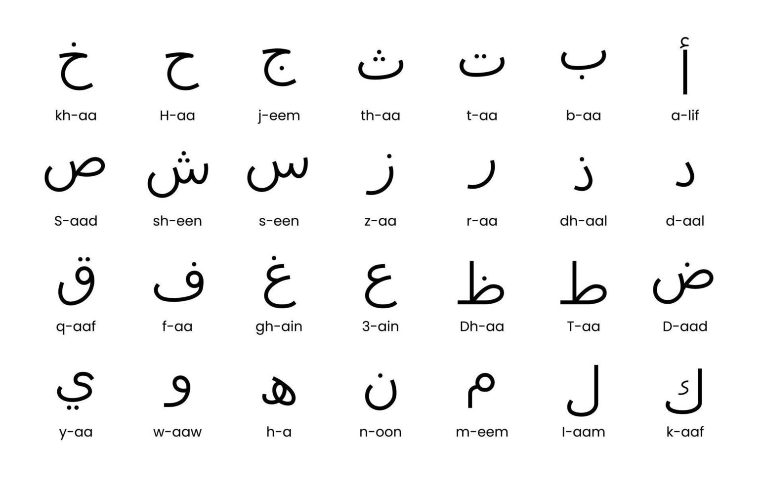 arabisches alphabet, buchstaben, regelmäßiger linienkunstvektor. vektor