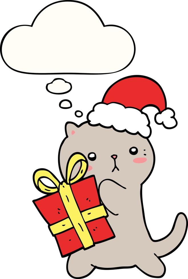 niedliche karikaturkatze, die weihnachtsgeschenk und gedankenblase trägt vektor