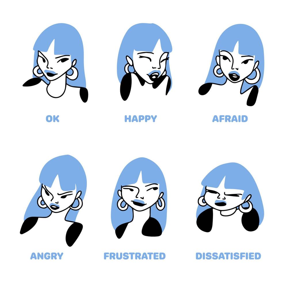 uppsättning av en tjej som visar känslor, tecknad serieteckning vektor