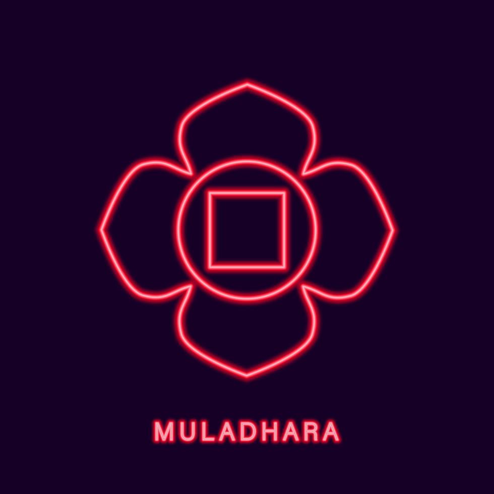 röd neon muladhara chakra. glödande symbol för kundalini shaktis boning. mulakanada för att få lycka och frihet från vektorsjukdomar vektor