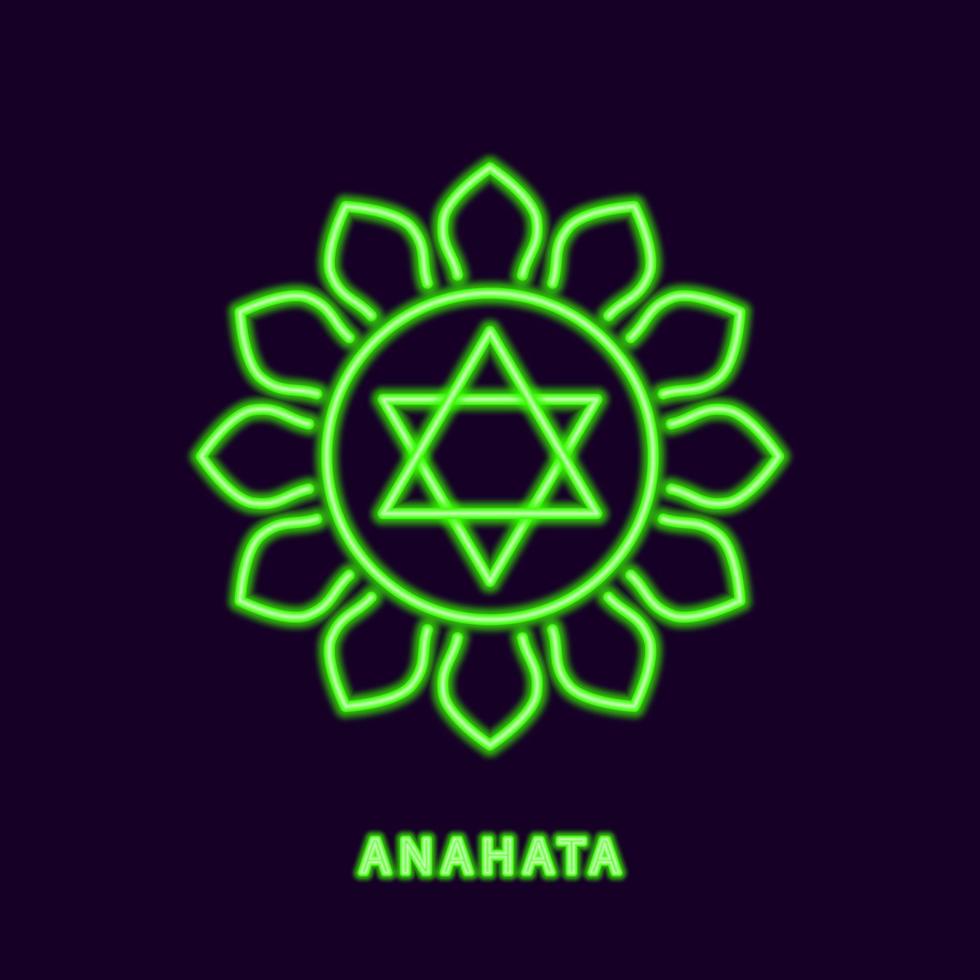 leuchtend grünes Chakra Anahata. Neonsymbol des Hellsehers und unsterblichen Herrn der Sprache mit 12 Blütenblättern. strahlender banalingam-feiertag mit sinnen unter vektorkontrolle vektor