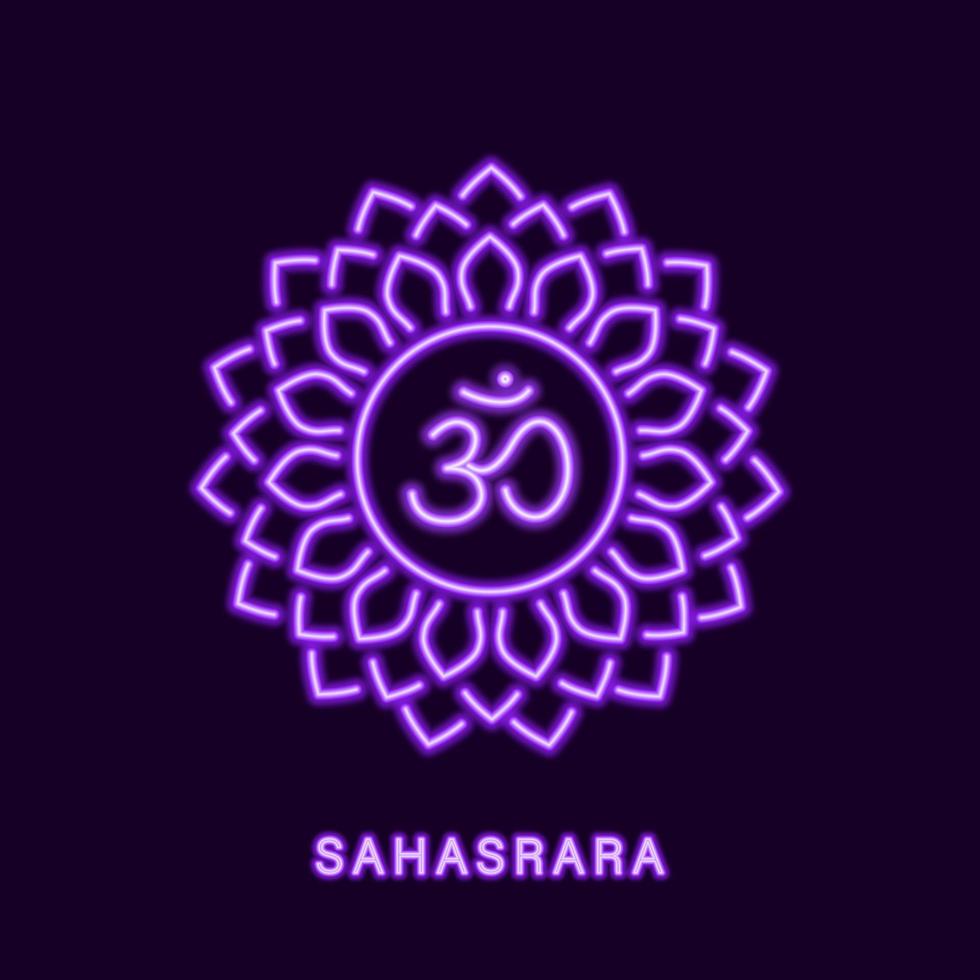 lila glödande sahasrara chakra. neon symbol för tusen kronblad amrita. transcendental akasha med tankekontroll och vektormedvetenhet vektor