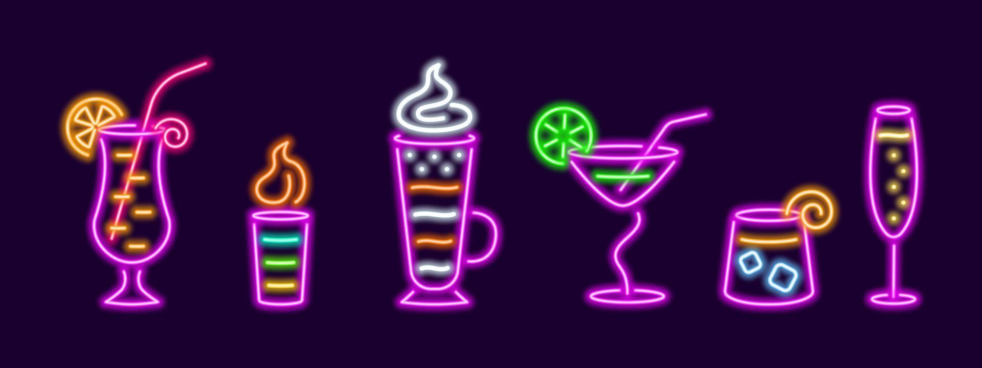 Neon leuchtende beliebte Cocktails. flammendes b52 mit irish cream mit gemustertem schaum in glasbecher. Elite-Champagner mit Blasen im Glas. helle Pina Colada mit Ananas-Vektorkeil vektor