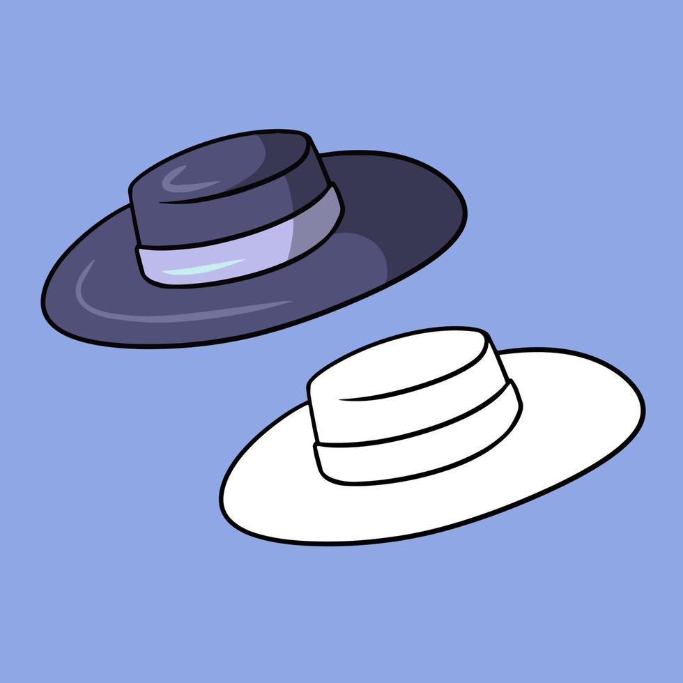 Bilderset, dunkler eleganter Hut, Sonnenhut, Vektorillustration im Cartoon-Stil auf farbigem Hintergrund vektor