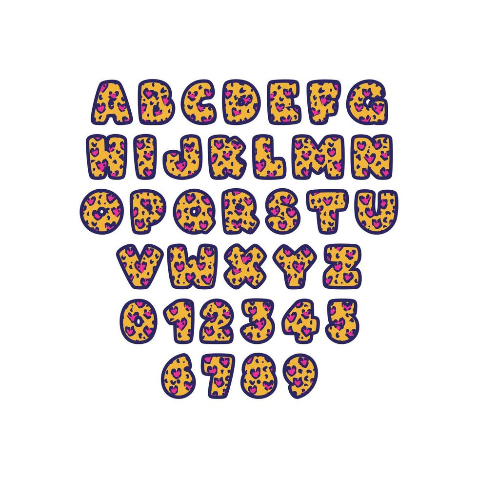 mall alfabet typ ansikte söta färgglada vackra kawaii leopardtryck gul rosa vektor