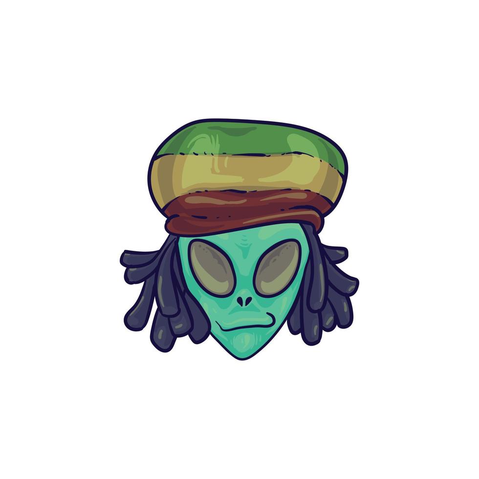 Illustration isoliert Cartoon handgezeichneter außerirdischer Kopf mit Rasta-Reggae-Hut und Dreadlock-Haaren vektor
