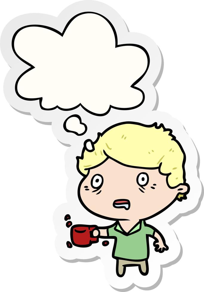 Cartoon-Mann mit Tasse Kaffee und Gedankenblase als gedruckter Aufkleber vektor