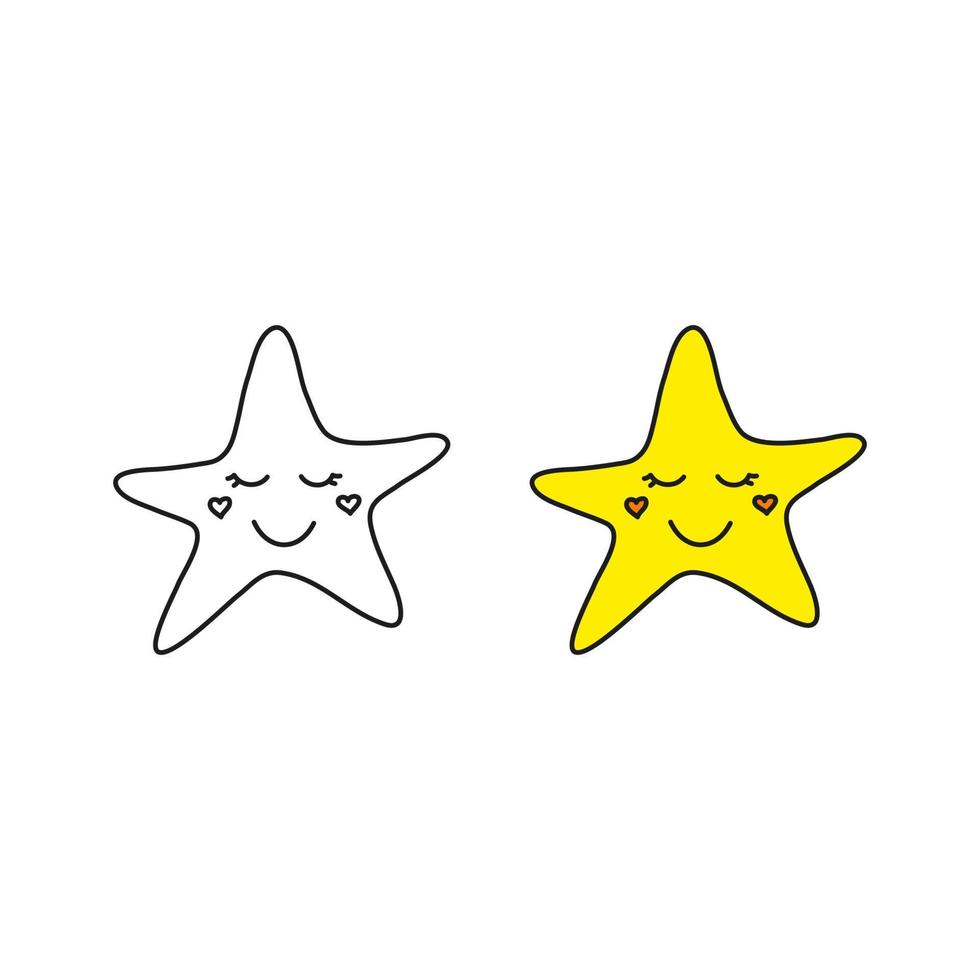 doodle kontur och färgad stjärna glad karaktär ikon isolerad på vit bakgrund. vektor