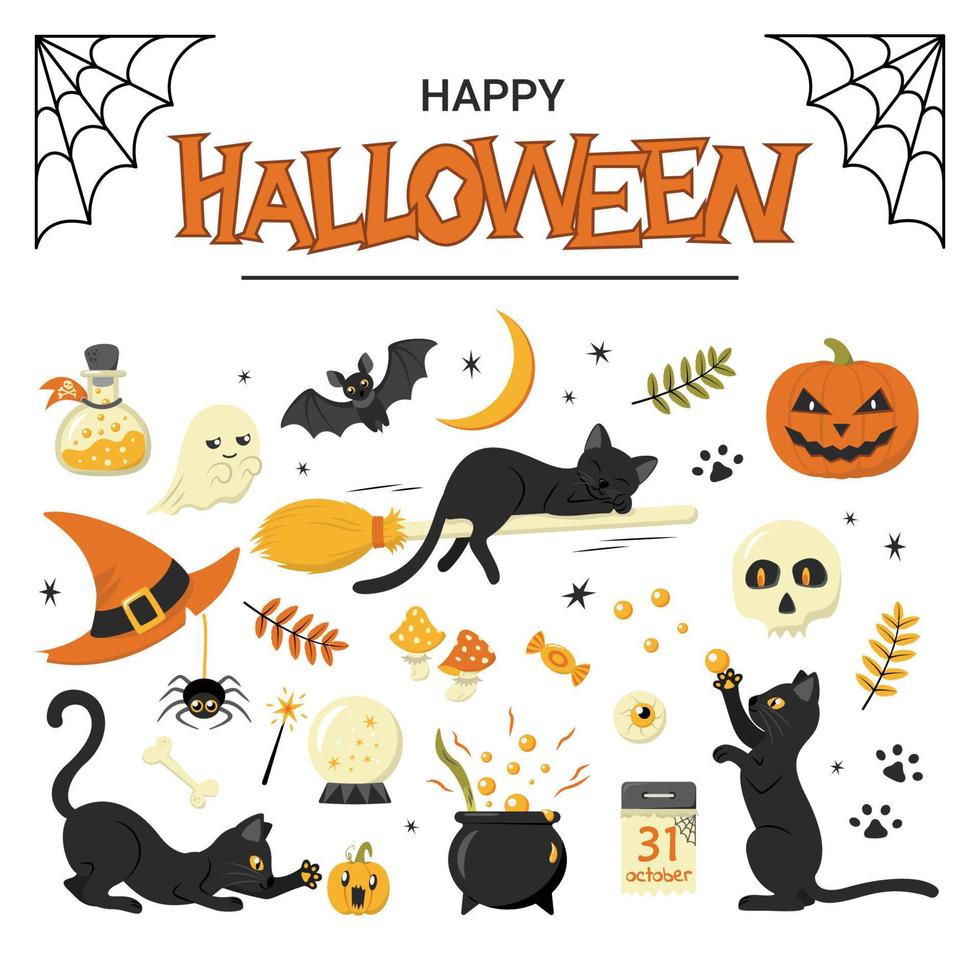samling av traditionella halloween-element med söta lekfulla svarta katter vektor