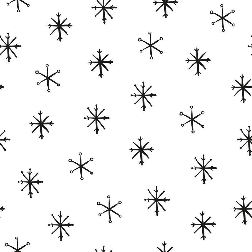 schwarz-weißes, nahtloses Muster mit handgezeichneten Scribble-Tinte-Schneeflocken. vektor