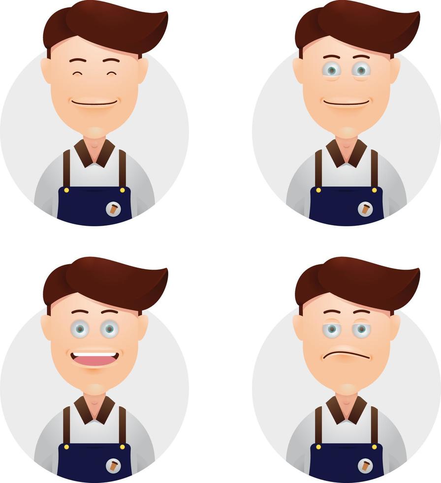 set lustiges gesicht männlicher junge barista barkeeper avatar ausdruck illustration vektor