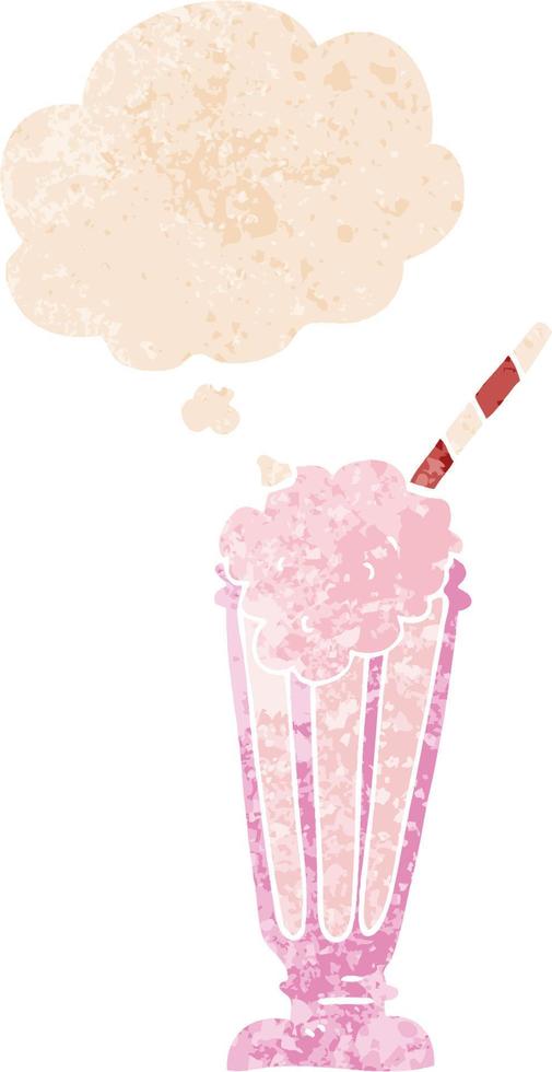tecknad milkshake och tankebubbla i retro texturerad stil vektor