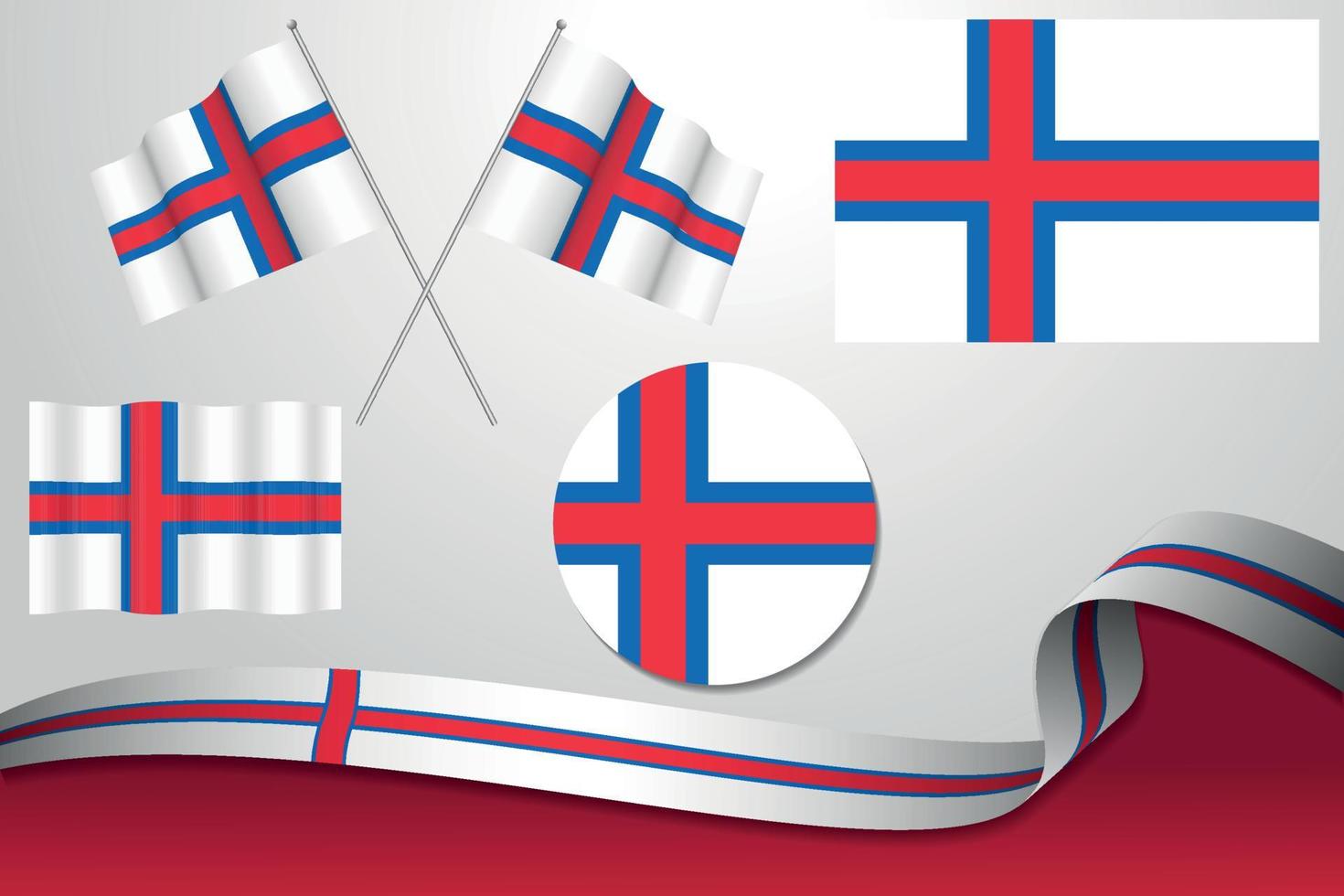 satz von färöer-inseln-flaggen in verschiedenen designs, symbol, enthäutende flaggen und band mit hintergrund. vektor