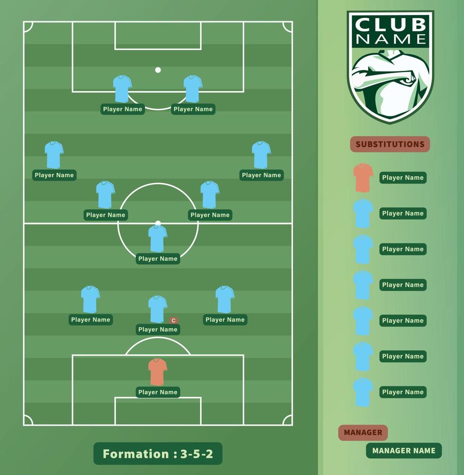 fotboll lineups, fotbollsspelare 3-5-2 formation schema på en fotbollsplan vektor illustration.