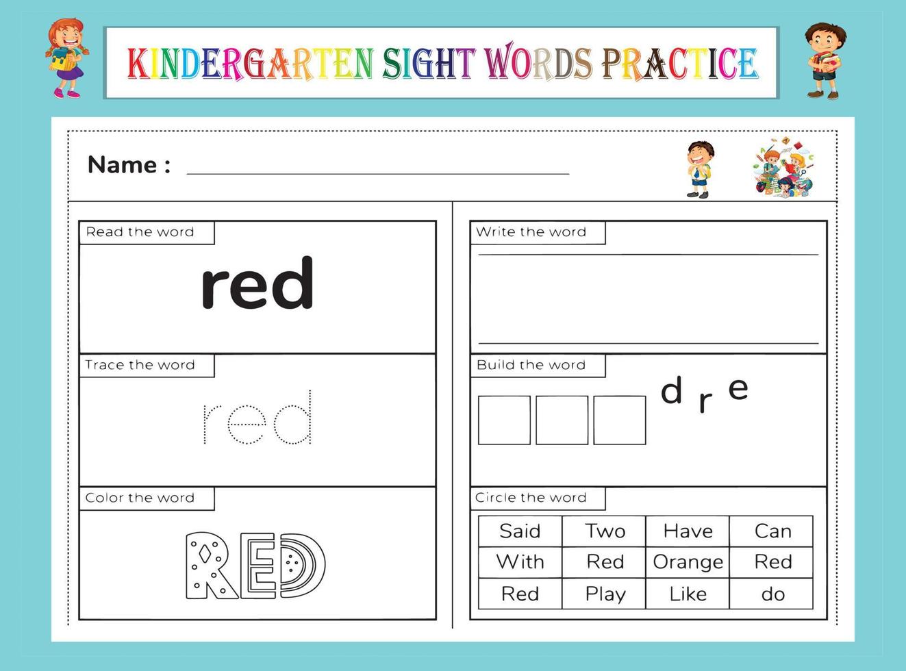 Arbeitsblatt zum Üben von Sichtwörtern im Kindergarten vektor