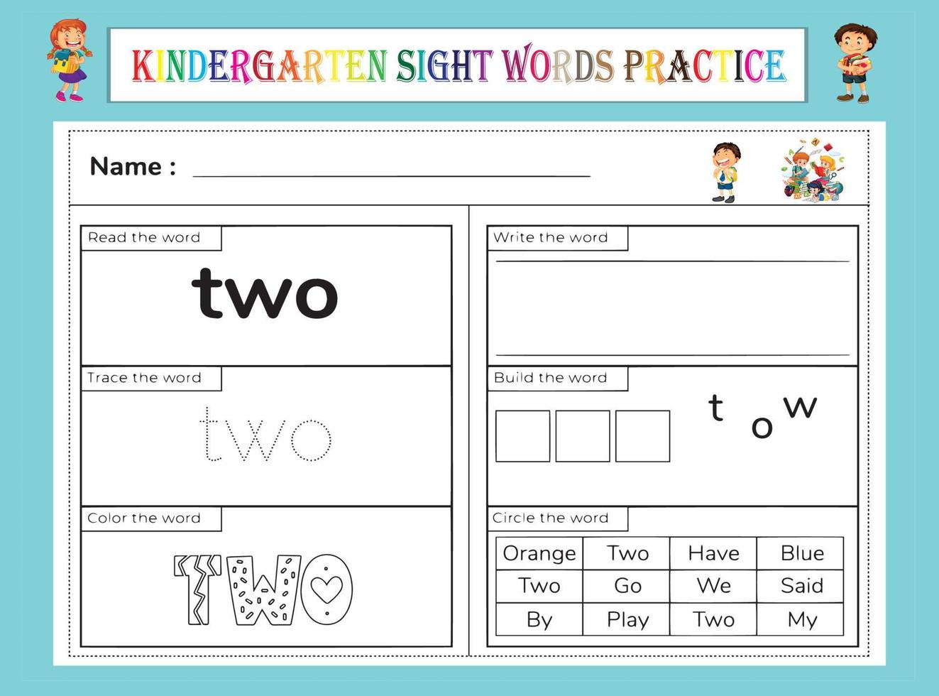 Arbeitsblatt zum Üben von Sichtwörtern im Kindergarten vektor