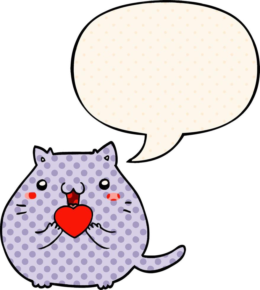 süße Cartoon-Katze in Liebe und Sprechblase im Comic-Stil vektor