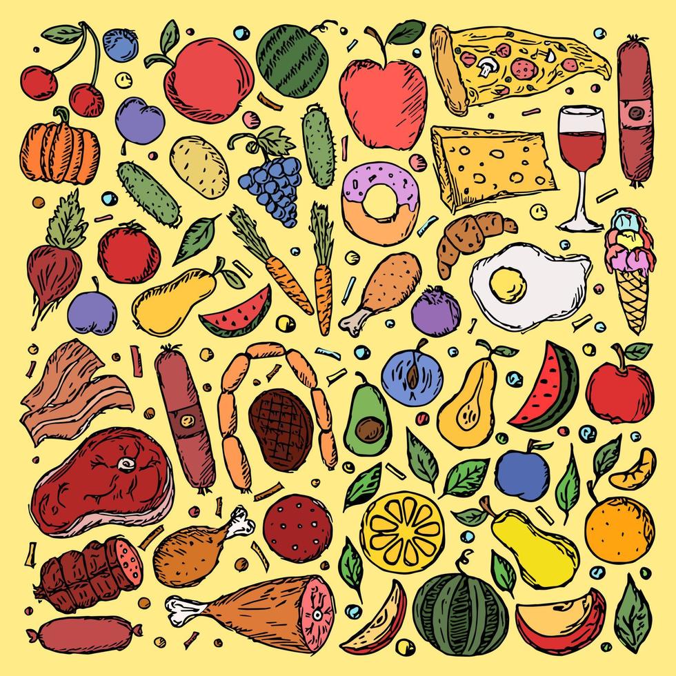 Lebensmittel-Symbole. farbiger lebensmittelhintergrund. Gekritzelvektorillustration mit Lebensmittelikone vektor