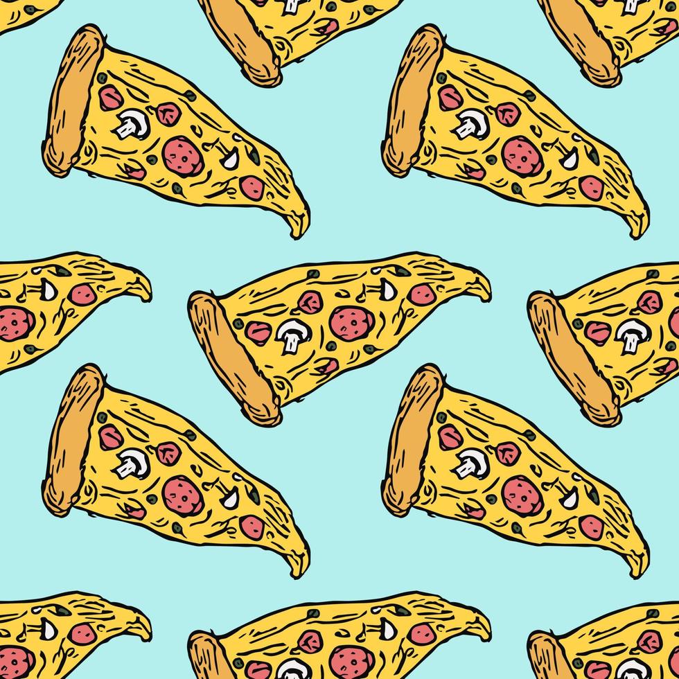 sömlösa pizza mönster. färgad pizzabakgrund. doodle vektor pizza illustration