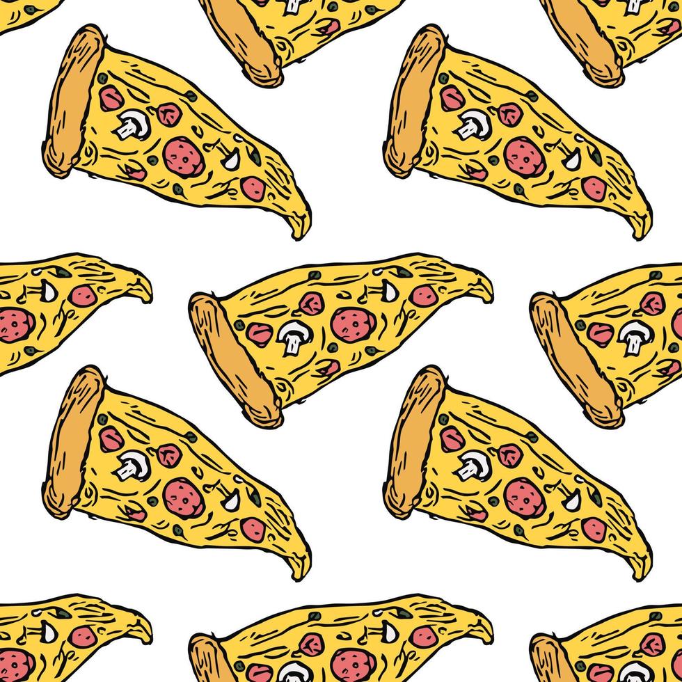 sömlösa pizza mönster. färgad pizzabakgrund. doodle vektor pizza illustration