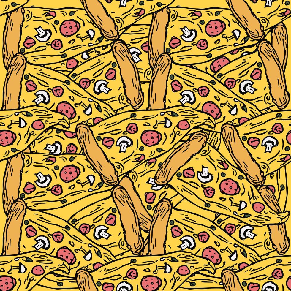 sömlösa pizza mönster. färgad pizzabakgrund. doodle vektor pizza illustration