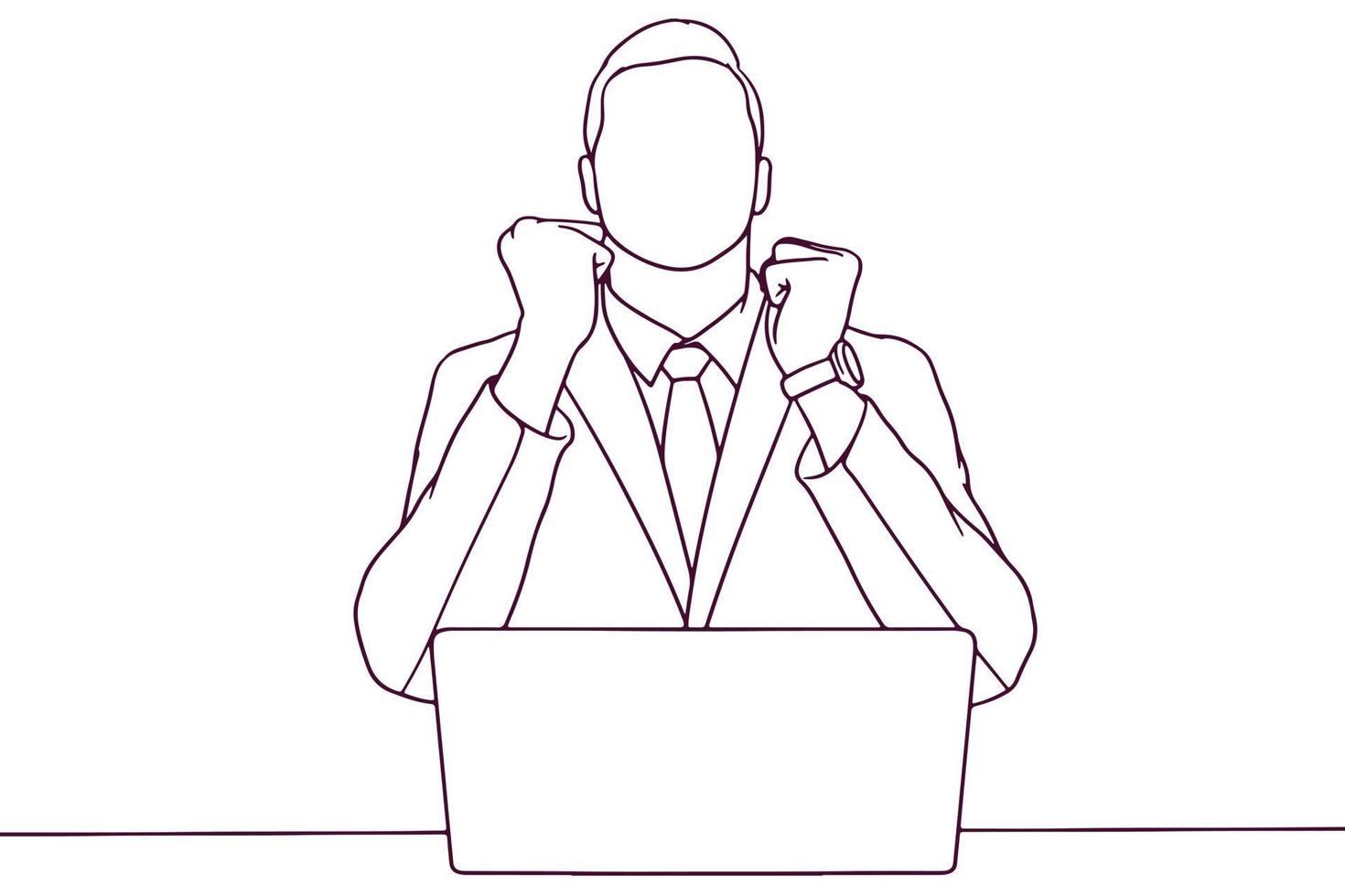 Geschäftsmann im Anzug zeigt glückliche Reaktion bei der Verwendung eines Laptops. Unternehmenskonzept. hand gezeichnete artvektorillustration vektor
