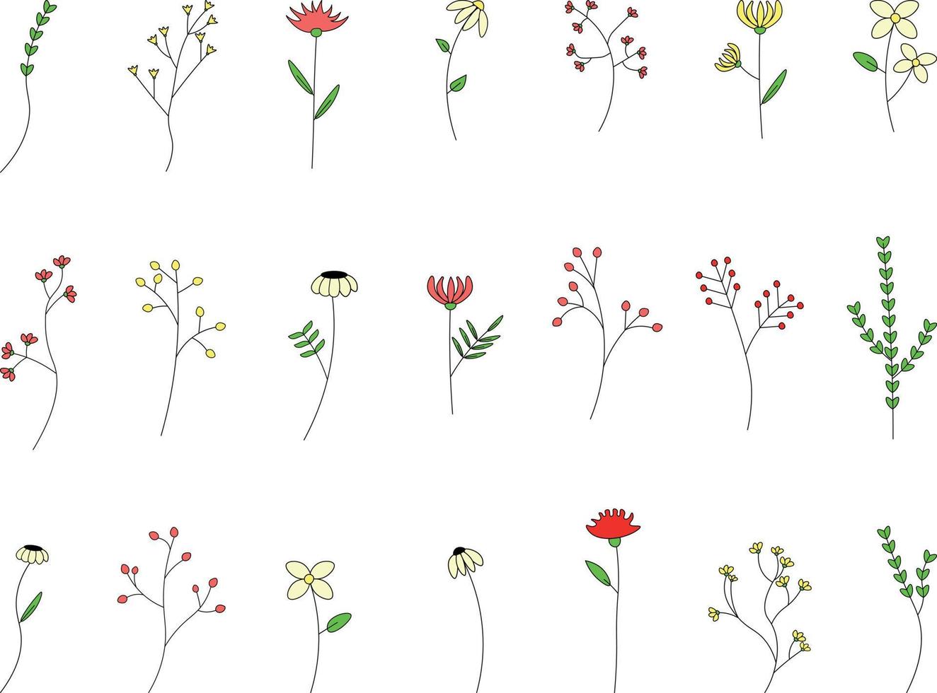 sommarblommor set. svart och vit doodle illustration isolerad på vit bakgrund. ange doodles av växter och blommor illustration vektor