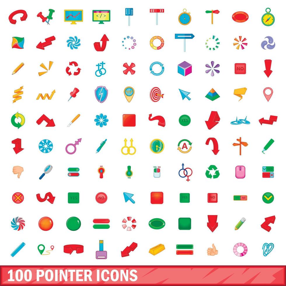 100 pekare ikoner set, tecknad stil vektor