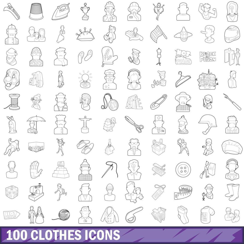 100 Kleidungssymbole gesetzt, Umrissstil vektor