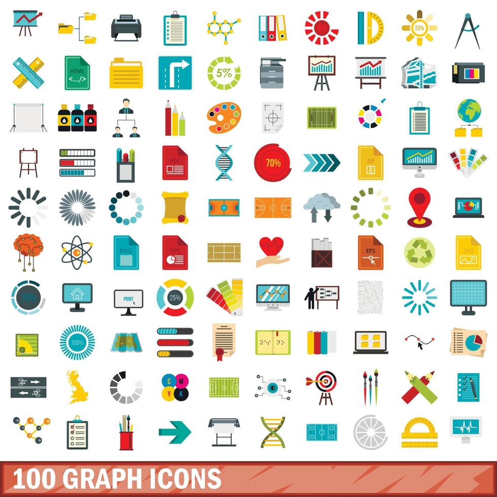 100 diagram ikoner set, platt stil vektor