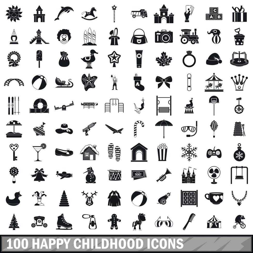100 lycklig barndom ikoner set, enkel stil vektor