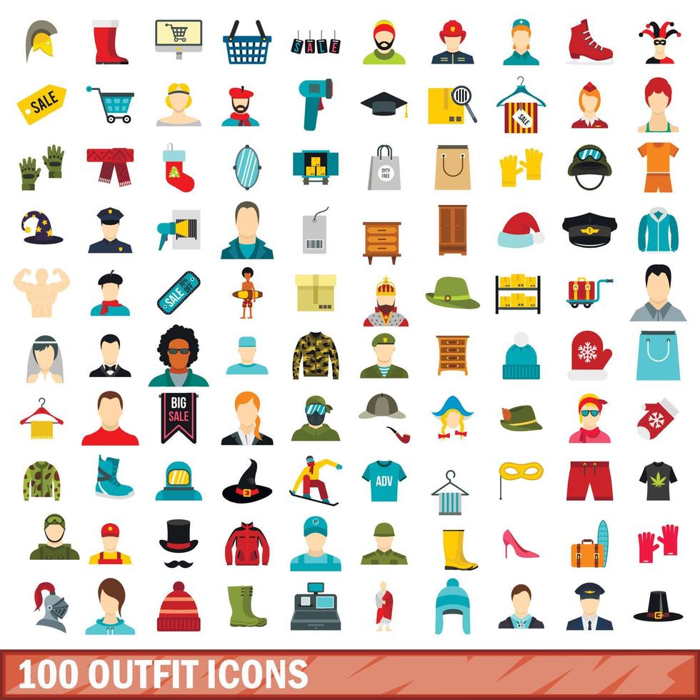 100 Outfit-Icons gesetzt, flacher Stil vektor