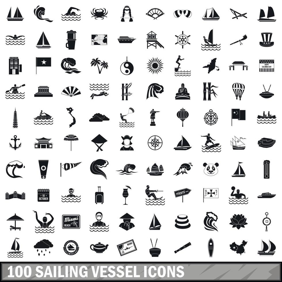 100 Segelschiff-Icons gesetzt, einfacher Stil vektor