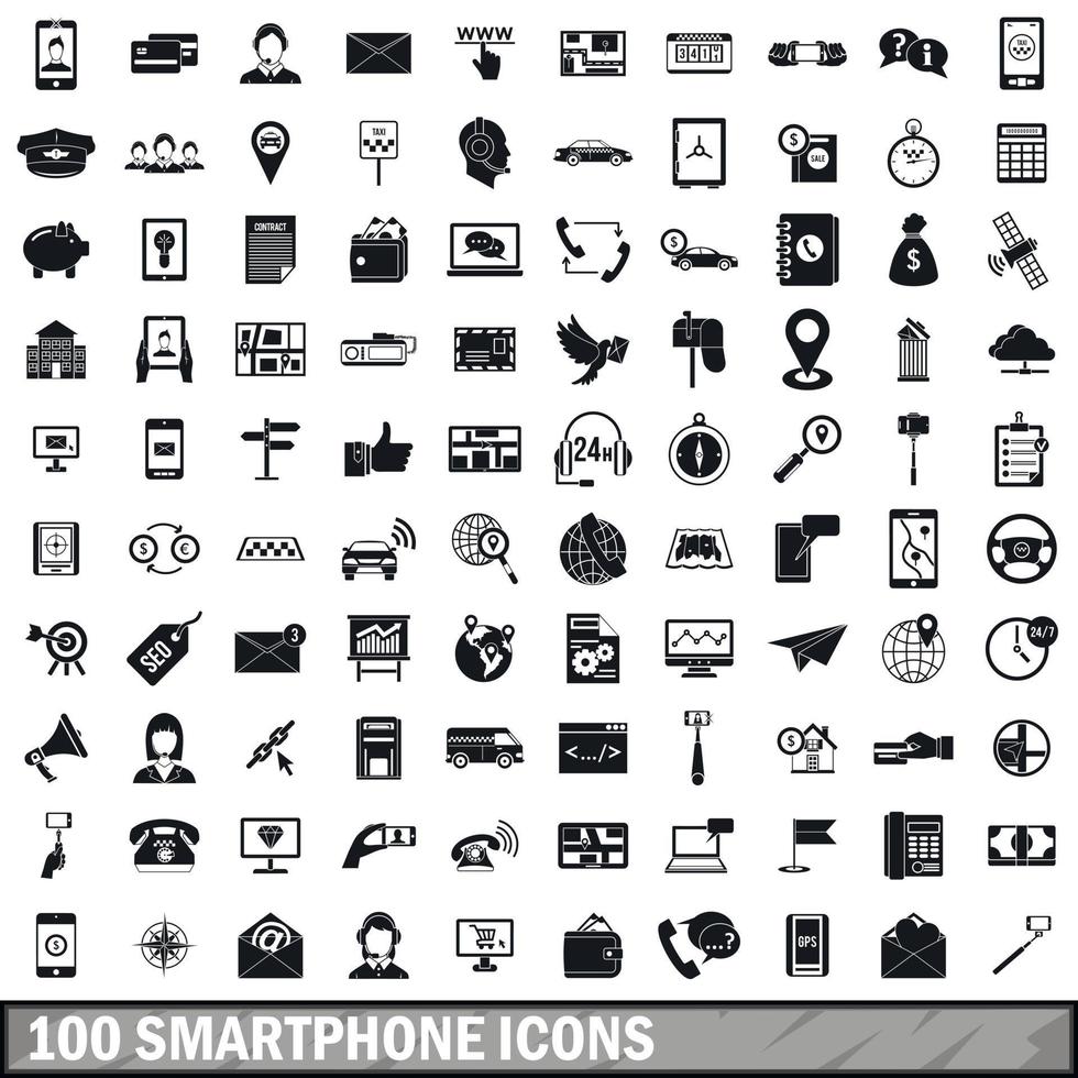 100 Smartphone-Icons gesetzt, einfacher Stil vektor