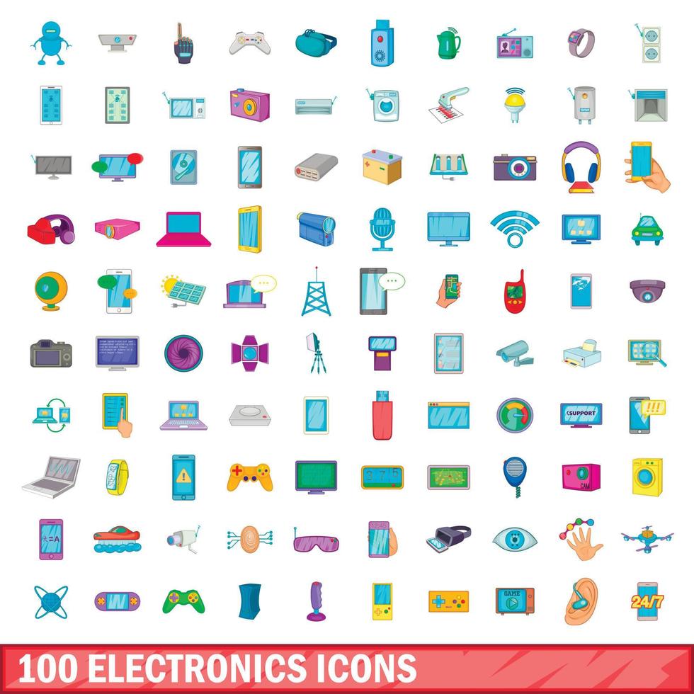 100 Elektronik-Icons gesetzt, Cartoon-Stil vektor