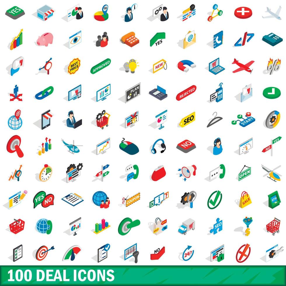 100 Deal-Icons gesetzt, isometrischer 3D-Stil vektor